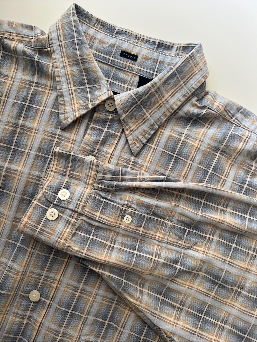 Van Heusen Studio XLT Plaid 100% Cotton Long Sleeve Button Up Shirt Blue Gray